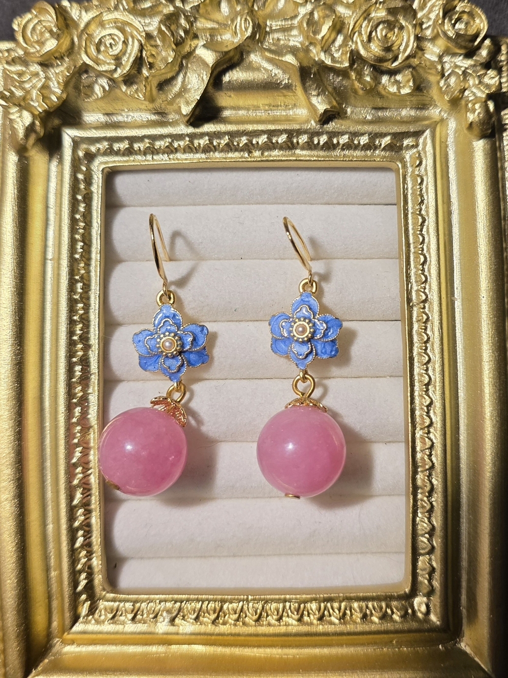 Floral Blue With Pink Jade Dangle Earrings